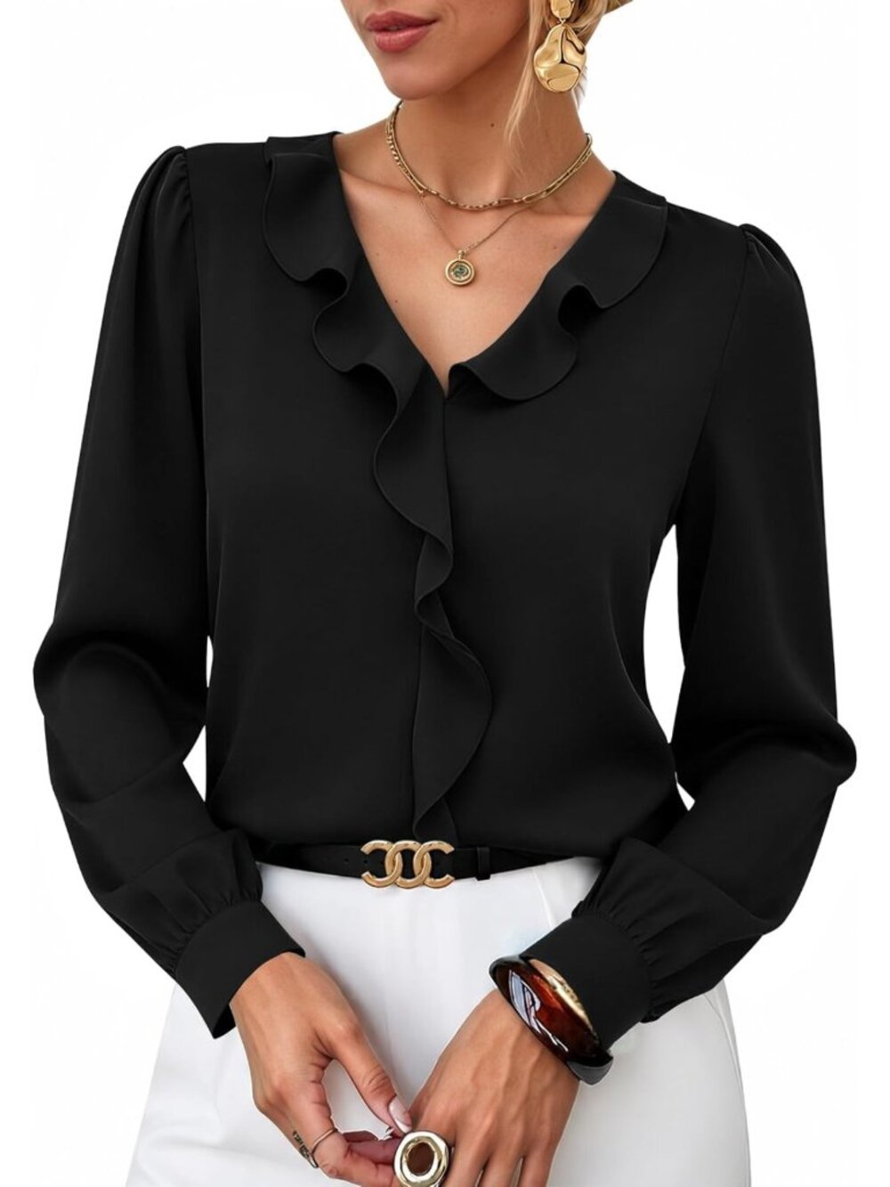 Chic Ruffle V-Neck Long Sleeve Blouse for Women - Dressy Casual Top
